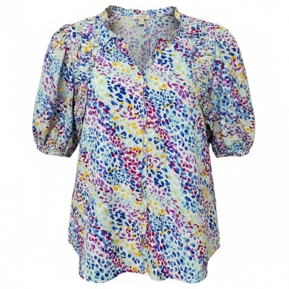 Umgee WA0881 Blouse Womens 1XL Multi Color Polyester Abstract Ruffle Sleeve